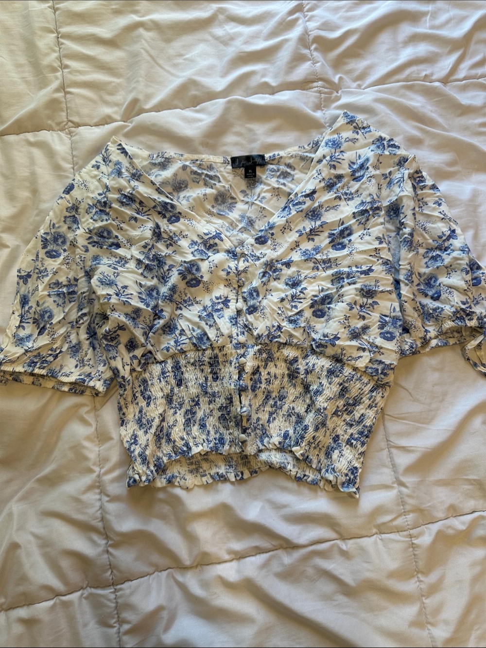 J for Justify Blue Floral V-Neck Smocked Crop Top
